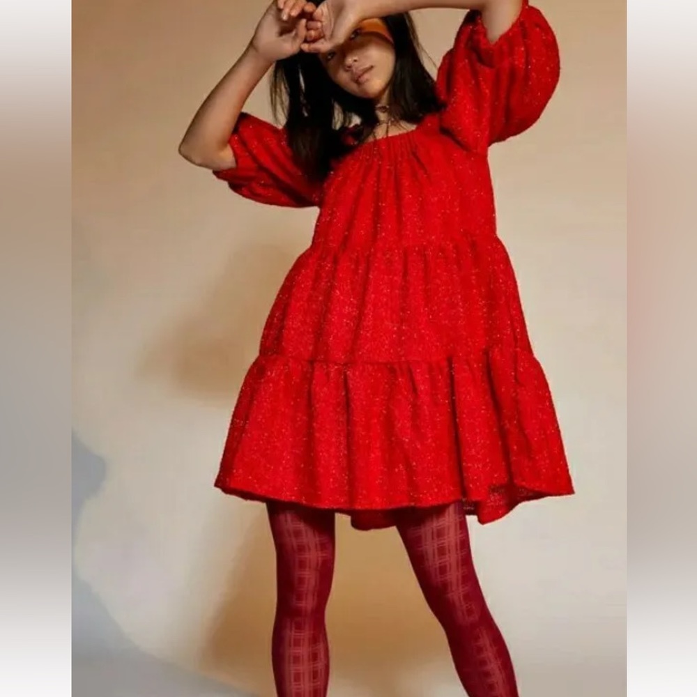 NWT Sister Jane Carina Tweed Red Mini Dress Glitter Puff Short Sleeve Size Large